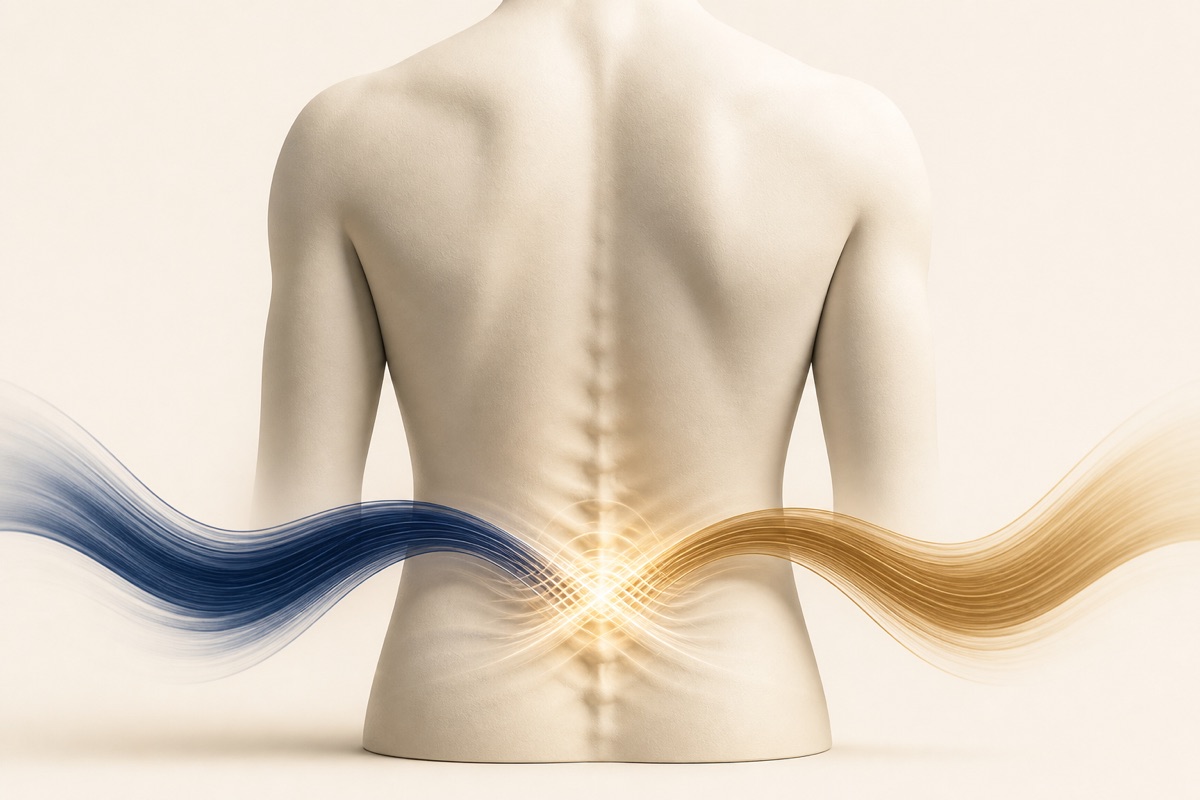 Illustration of two currents crossing at the lower back during interferential current therapy