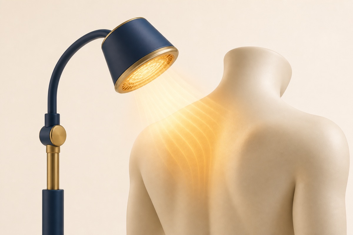 Illustration of a warm infrared lamp shining on the back