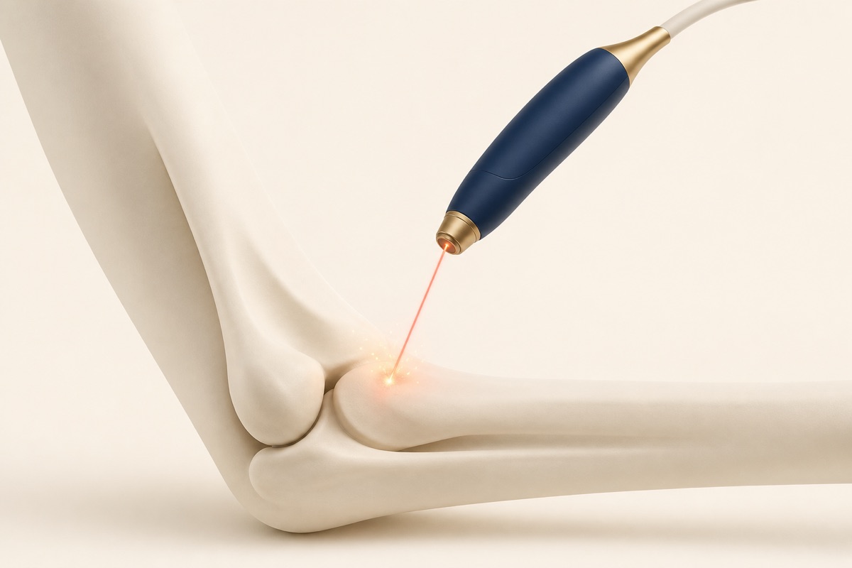 Illustration of a laser beam directed at a joint for laser therapy