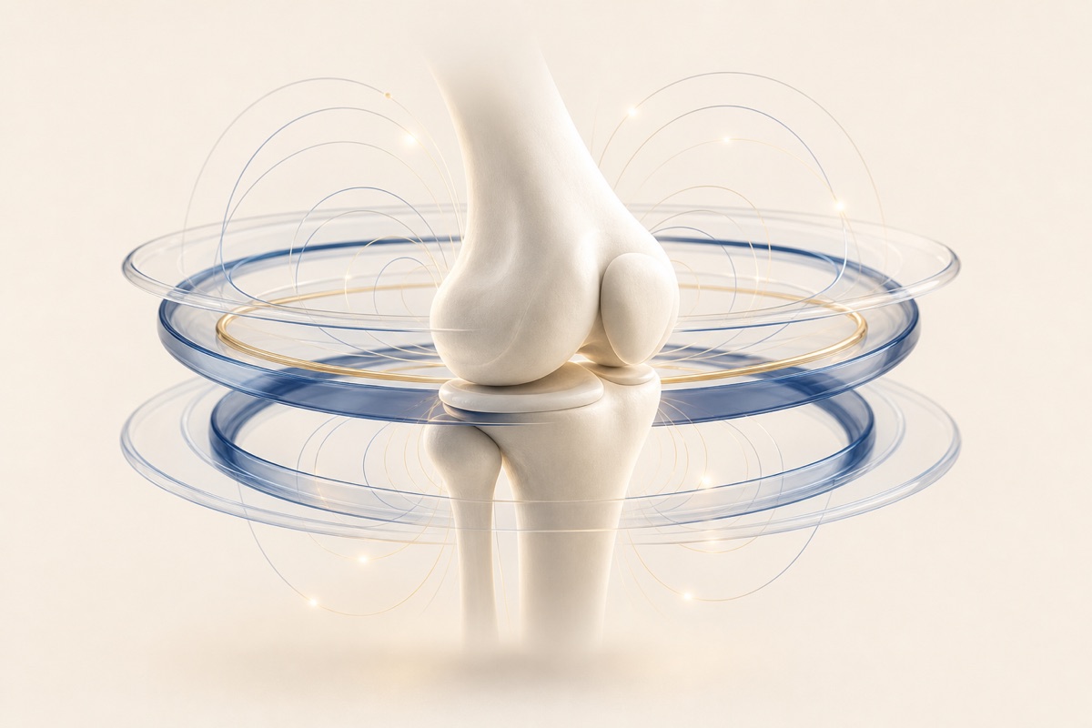 Illustration of a magnetic field ring wrapped around a knee joint