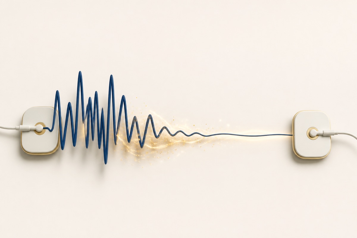 Illustration of rough pain signals transformed into smooth waveforms for Pain Scrambler therapy