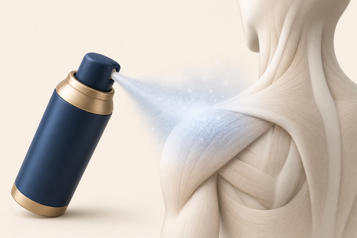Illustration of cooling spray applied to shoulder muscle for Spray & Stretch therapy