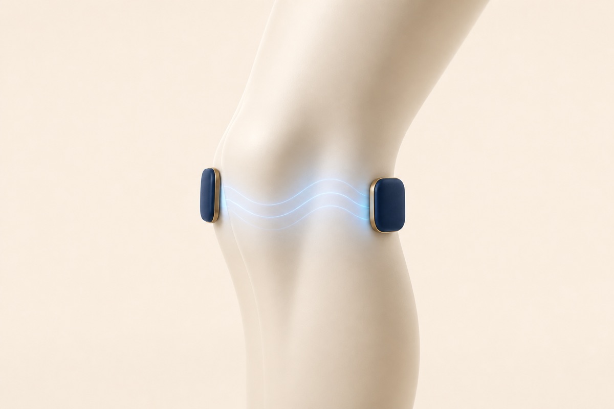 Illustration of low-frequency current flowing between electrode pads on the knee for TENS therapy
