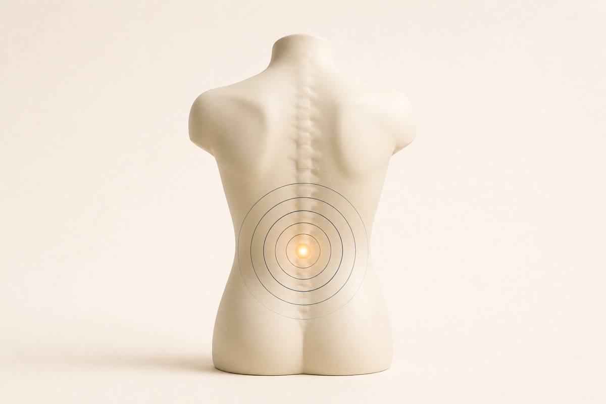 Illustration of sound waves spreading through the lower back