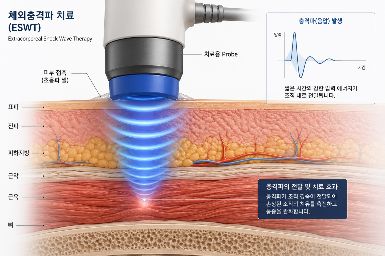 체외충격파 치료(ESWT) 원리 단면도 - 프로브에서 발생한 충격파가 표피, 진피, 피하지방, 근막을 지나 근육 깊은 곳까지 전달되어 손상된 조직의 치유를 촉진하고 통증을 완화하는 과정