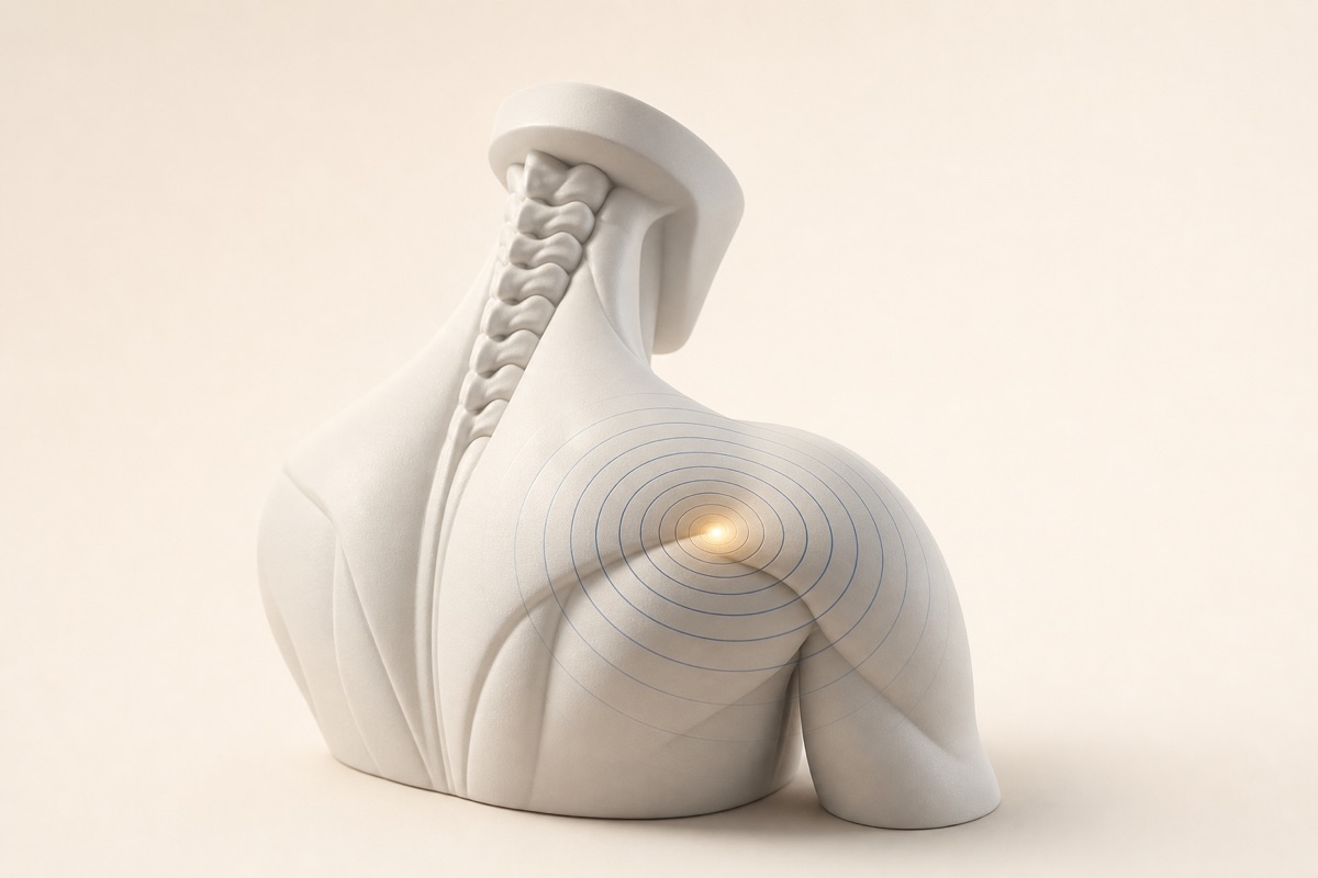 Illustration of sound waves spreading through neck and shoulder muscles